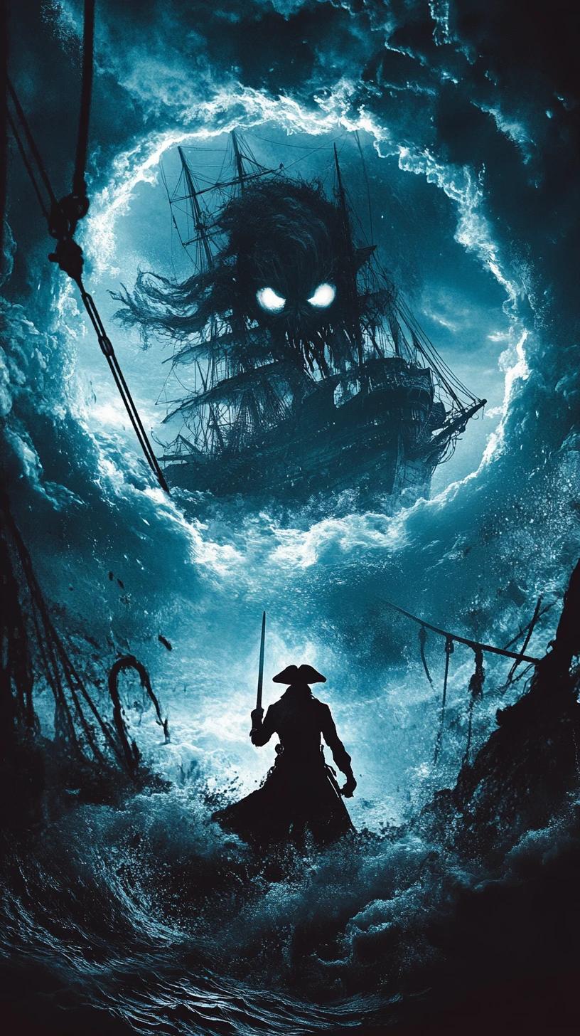 Capitão pirata fantasmagórico fundido com colossal monstro marinho