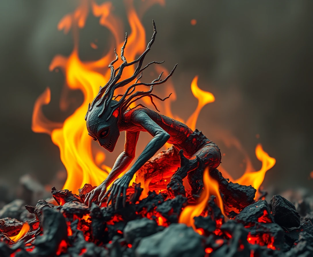 Figura humanoide surgindo das cinzas em cena surreal em chamas