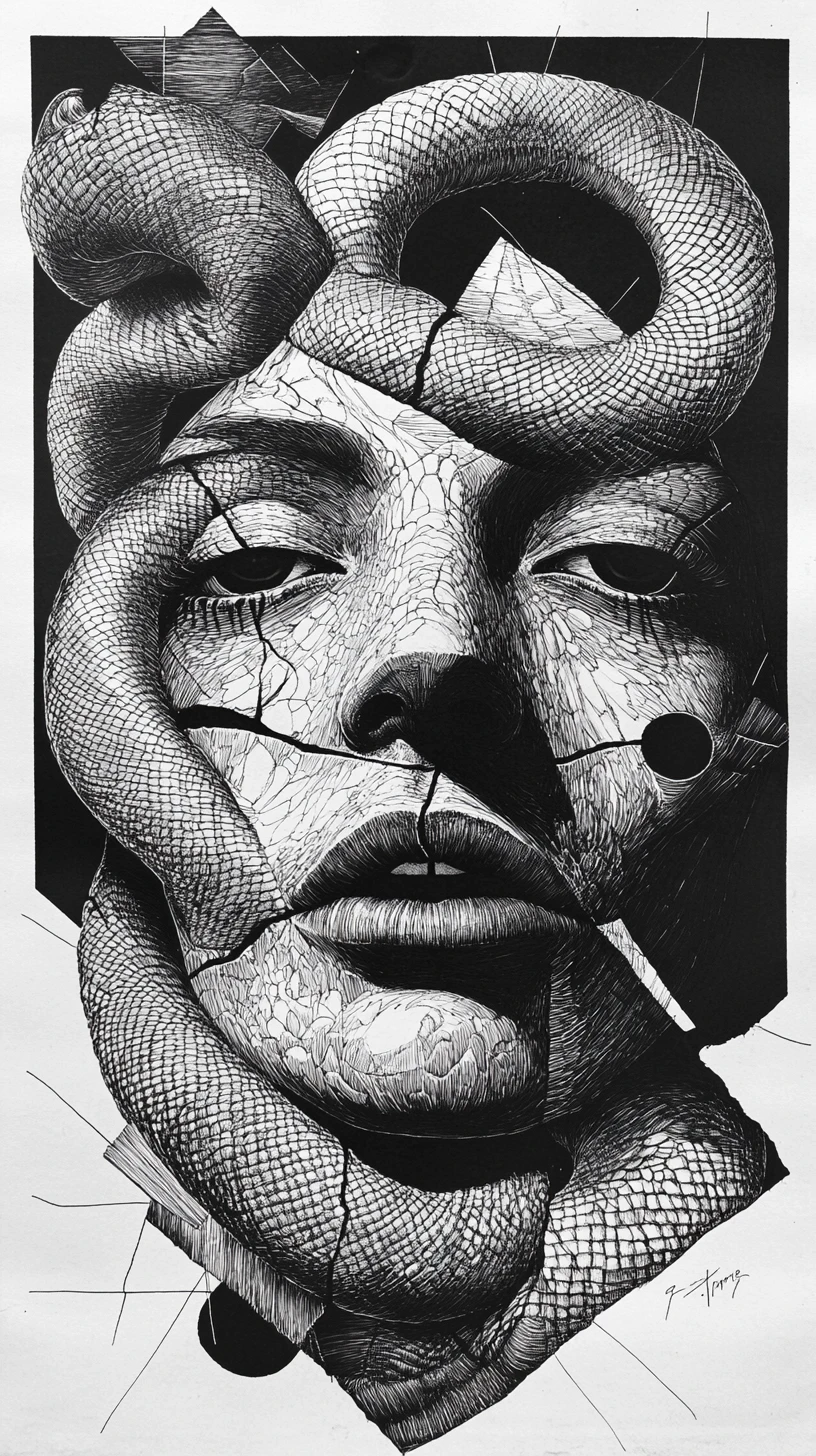 Rosto humano surreal entrelaçado com serpente em espiral em tinta