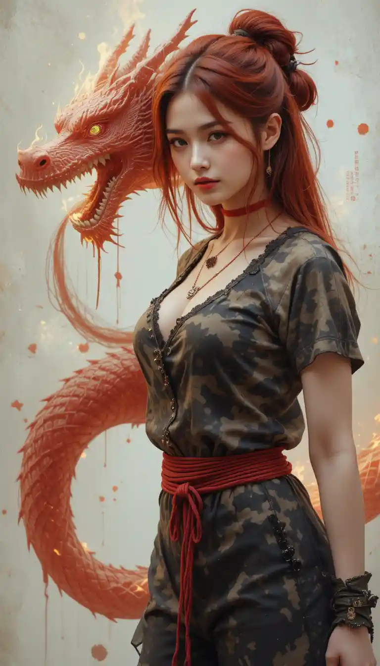 Asian woman with torn camouflage shirt and fire dragon