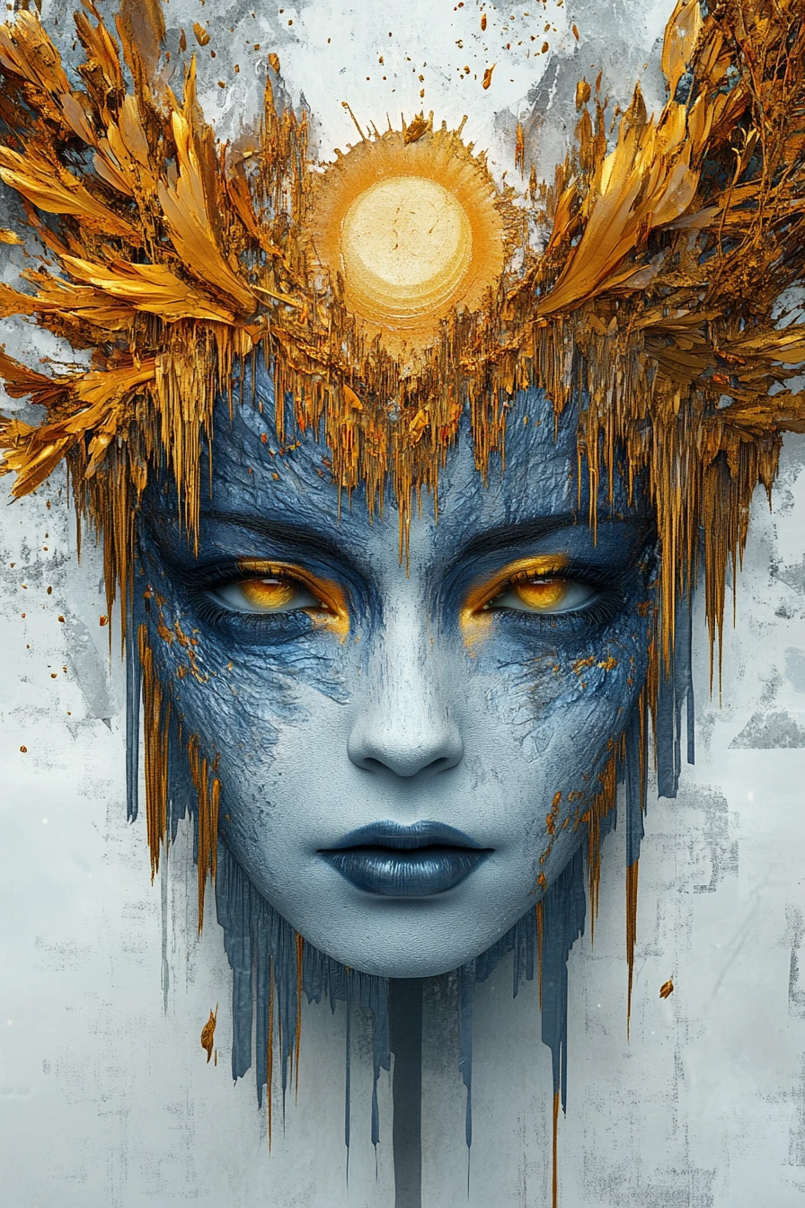 Femme surréaliste au visage bleu avec coiffe dorée fondue