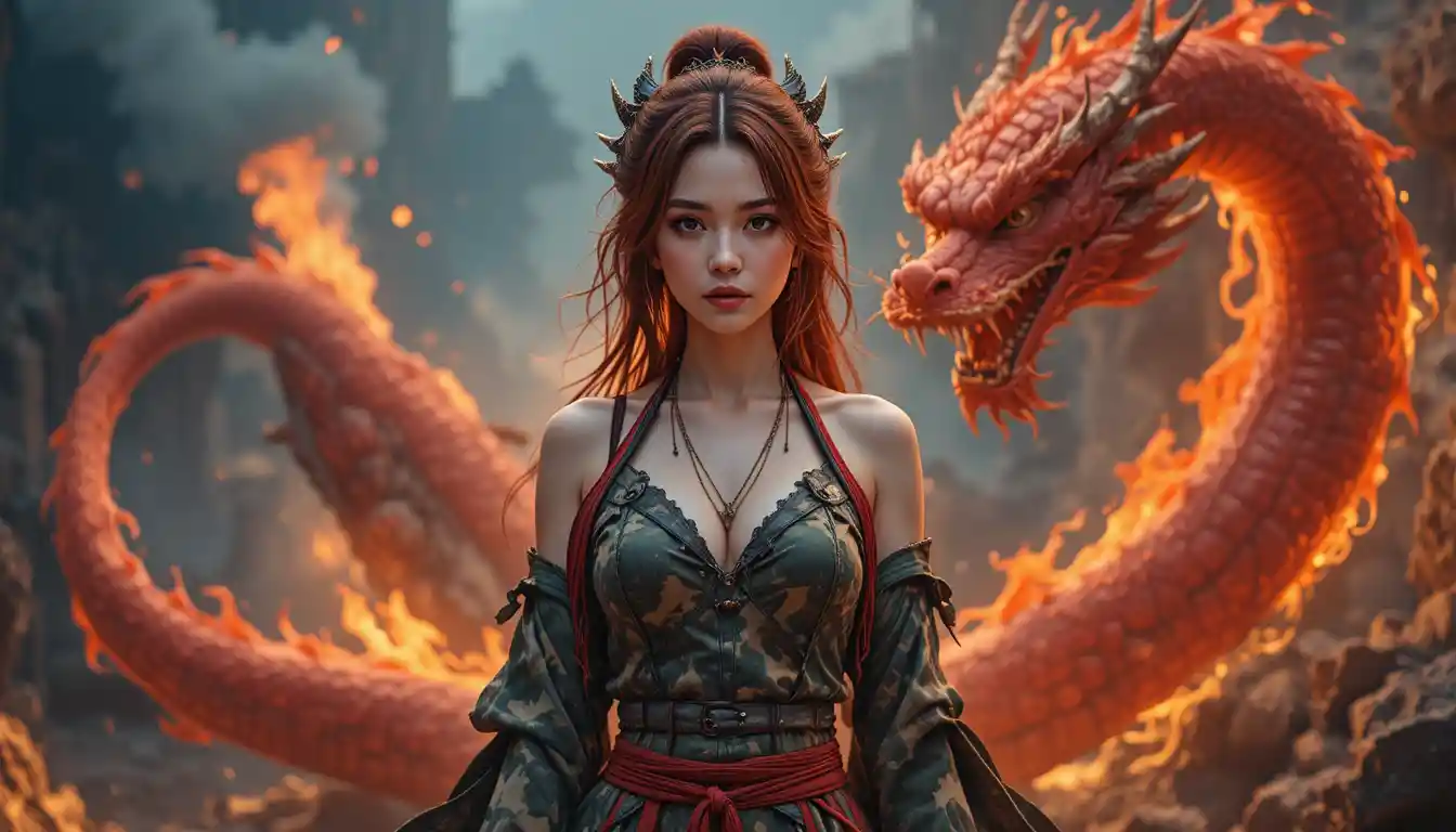 紅髮亞洲女性與噴火巨龍