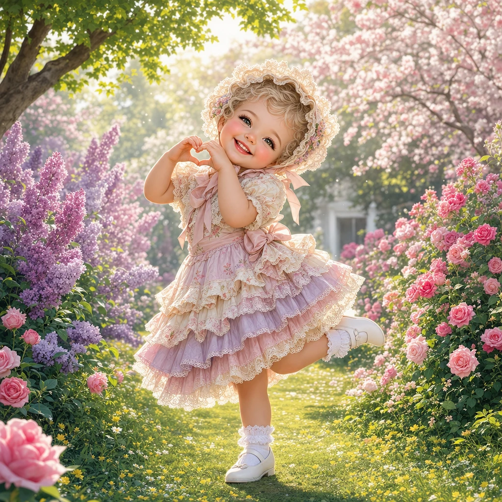 Adorable fille en robe à volants posant dans un jardin fleuri ensoleillé