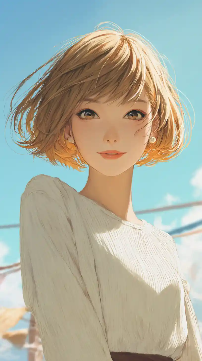 晴朗清晨天空下站在戶外的動漫少女