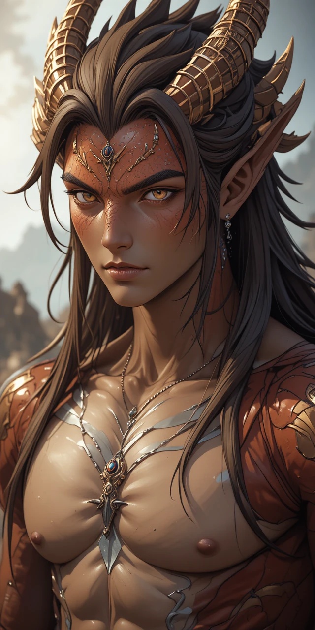 Uomo drago umanoide in stile anime con capelli castano scuro