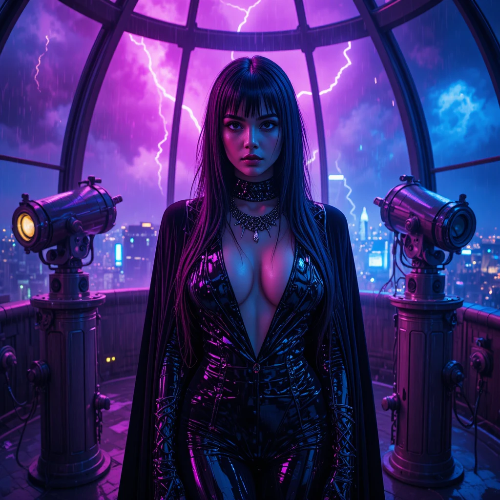 Cyberpunk-Femme-fatale in einem neonbeleuchteten Dachobservatorium