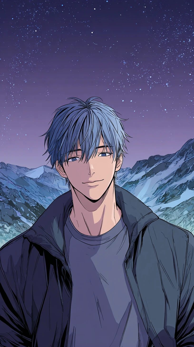 Homem de anime em pé nas montanhas sob um céu noturno estrelado