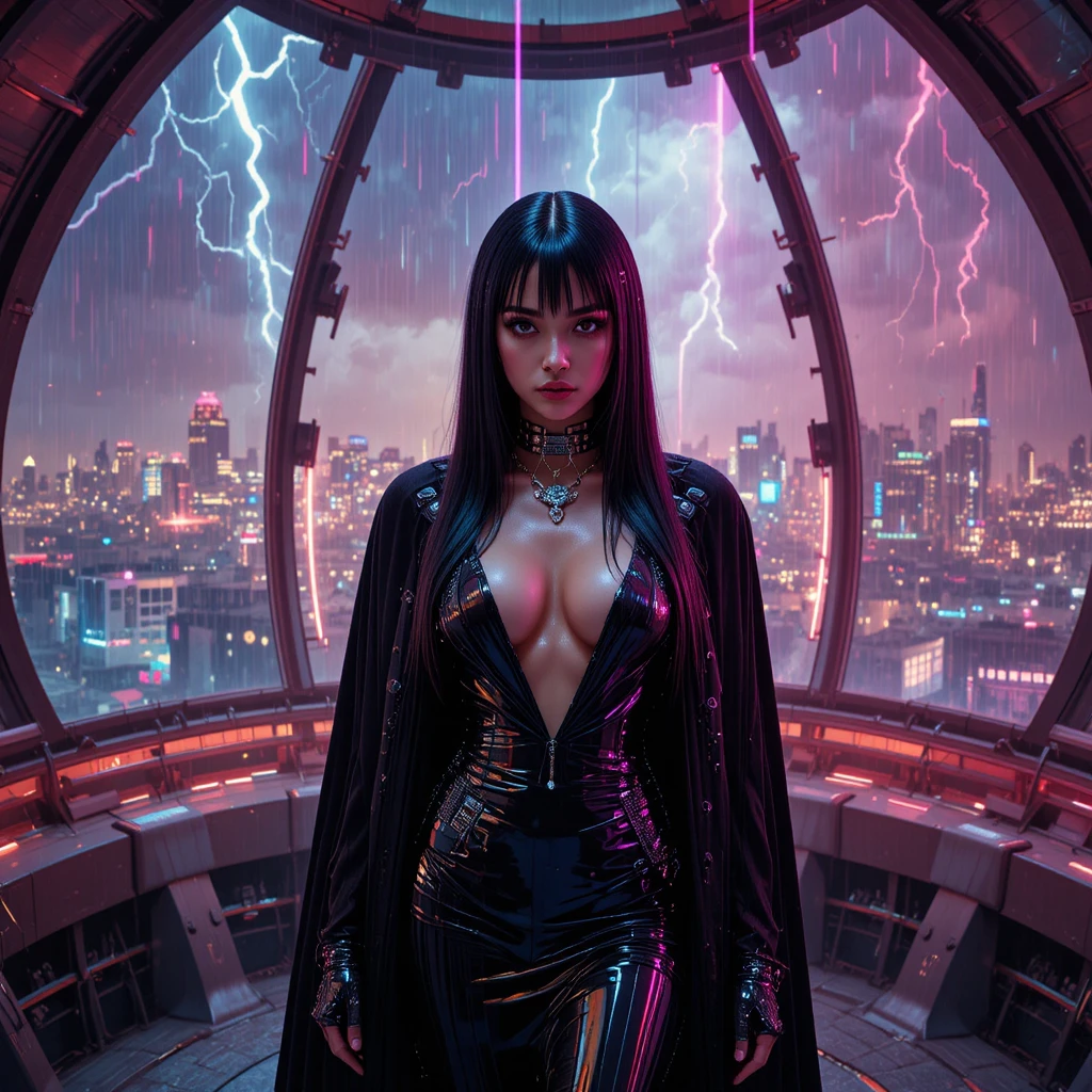 Cyberpunk-Femme-fatale in einer neonbeleuchteten Dachsternwarte