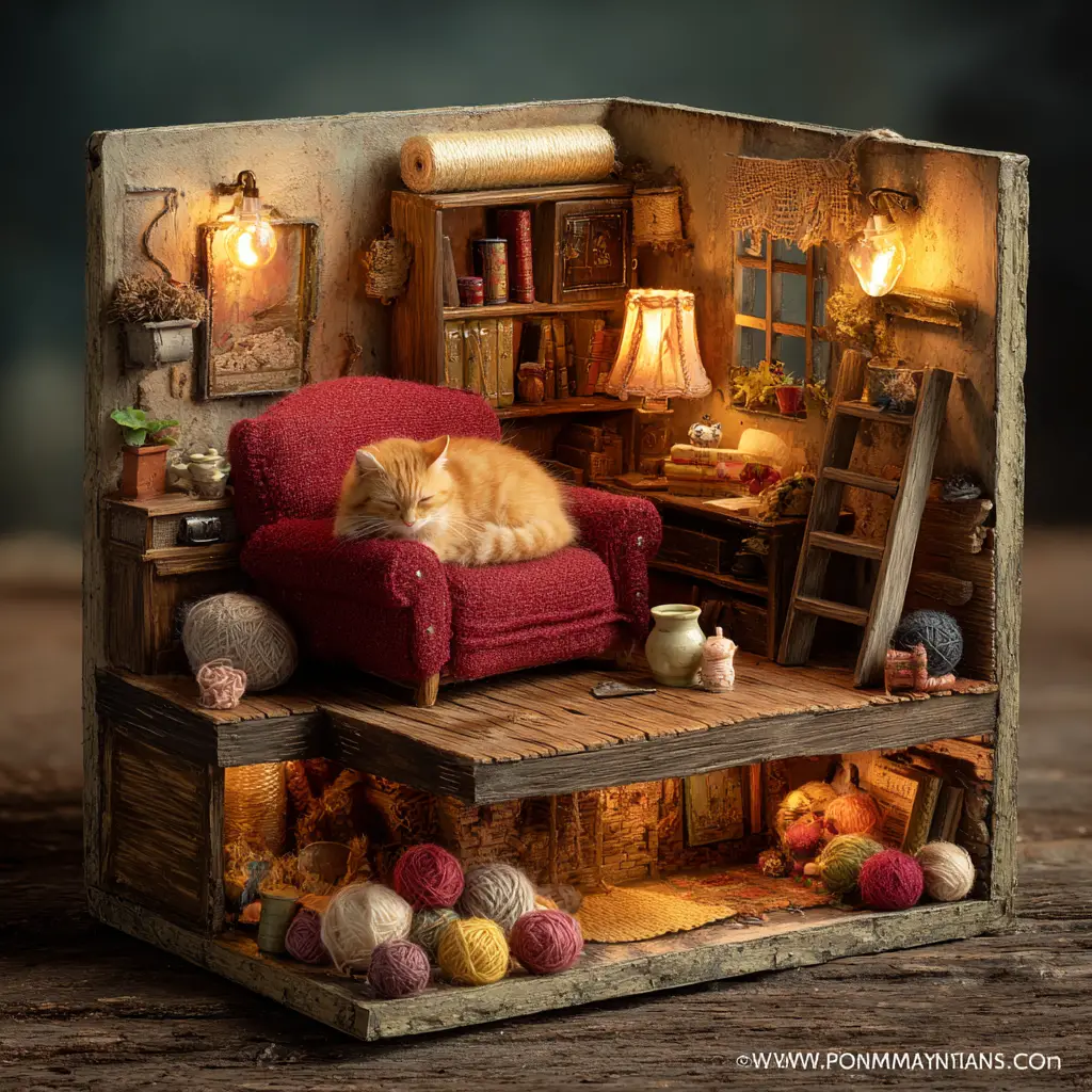 Salon miniature avec chat endormi dans un fauteuil en velours