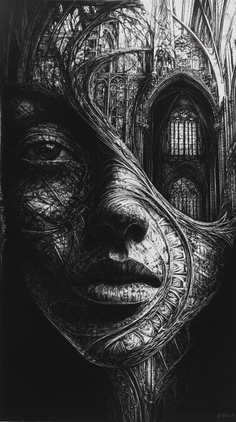 Visage humain s’ouvrant sur un intérieur surréaliste de type cathédrale