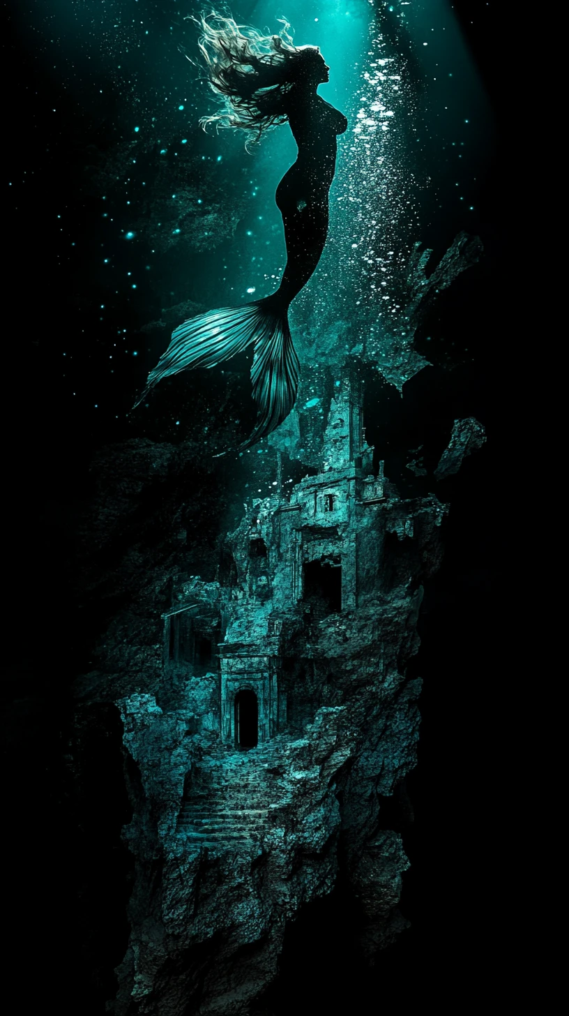 Exposição dupla surreal de sereia colossal e perfil feminino
