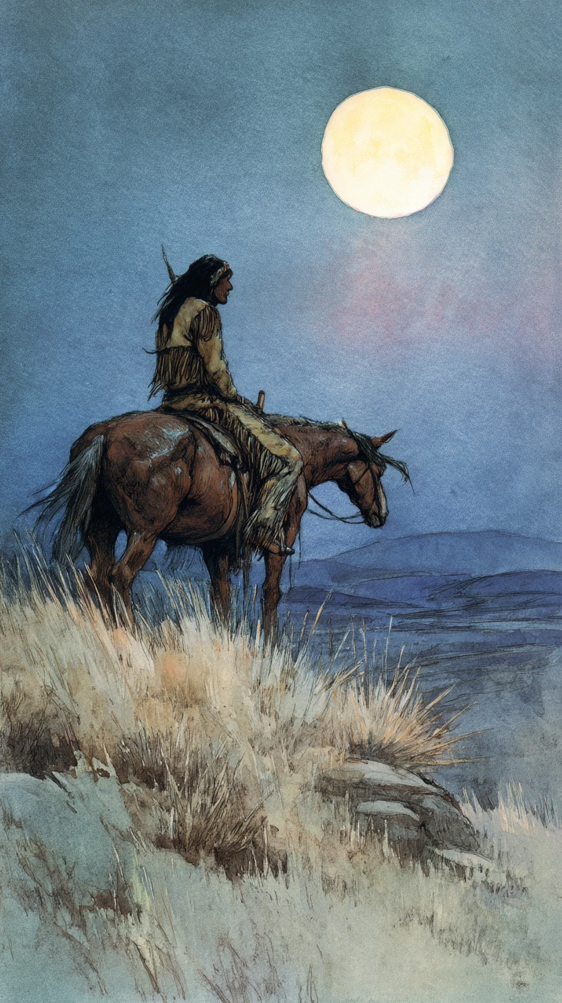 Native warrior on mustang under the full moon