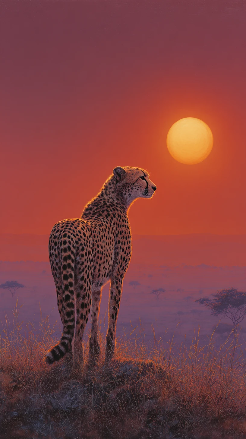 Lone cheetah on savanna ridge aligned with setting sun