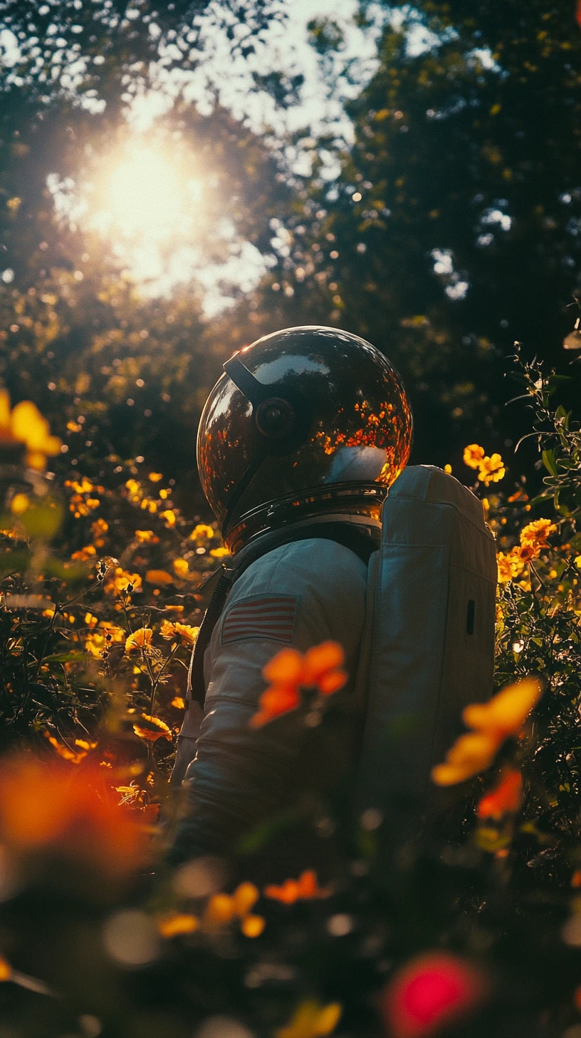 Silhouette di Astronauta in un Tranquillo Giardino Fiorito