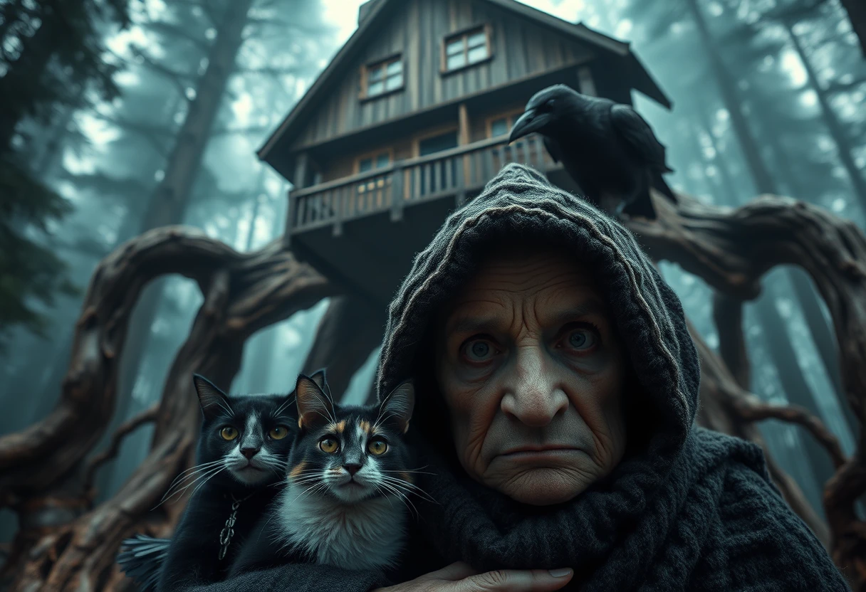 Uralte verhüllte Frau mit Katze und Rabe vor wandelnder Hütte