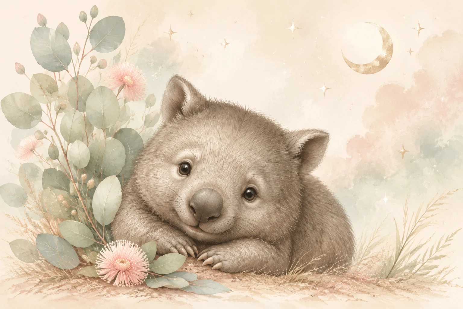 Dolce illustrazione per nursery con cucciolo di wombat e eucalipto