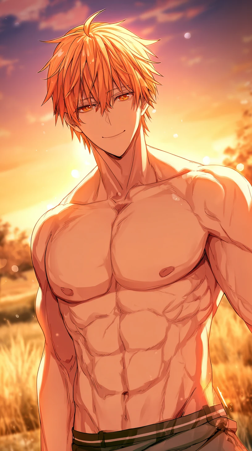 Homme musclé et sûr de lui en style anime au coucher du soleil en plein air