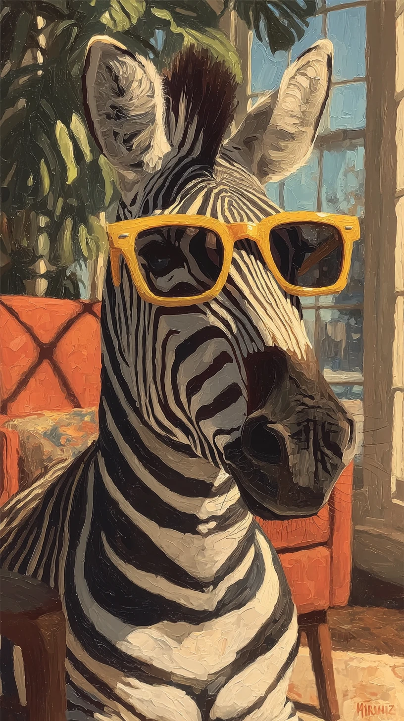 Zebra com óculos amarelos em pé em uma sala de estar