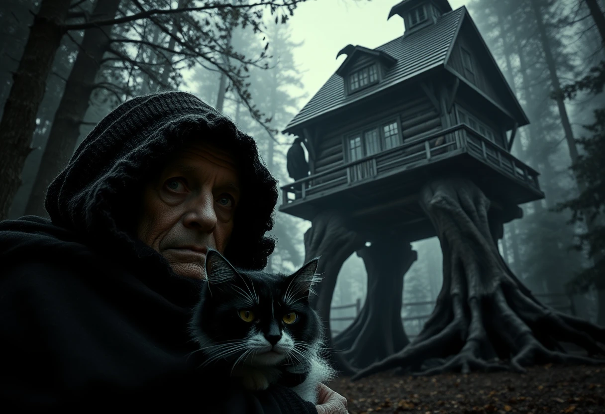 Keltische Alte mit Katze und Rabe vor turmhoher Hütte