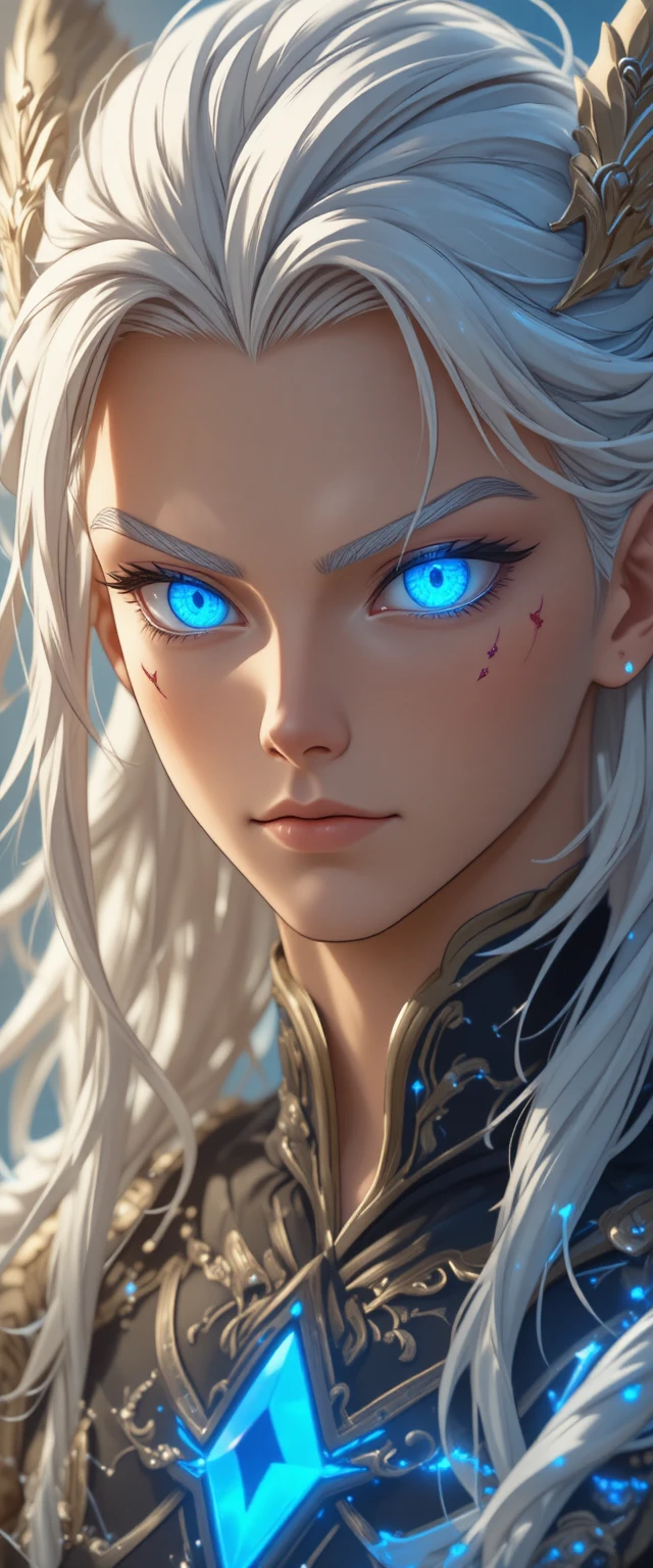 Homem de anime de olhos azuis com cabelo branco bagunçado e orelhas pontudas