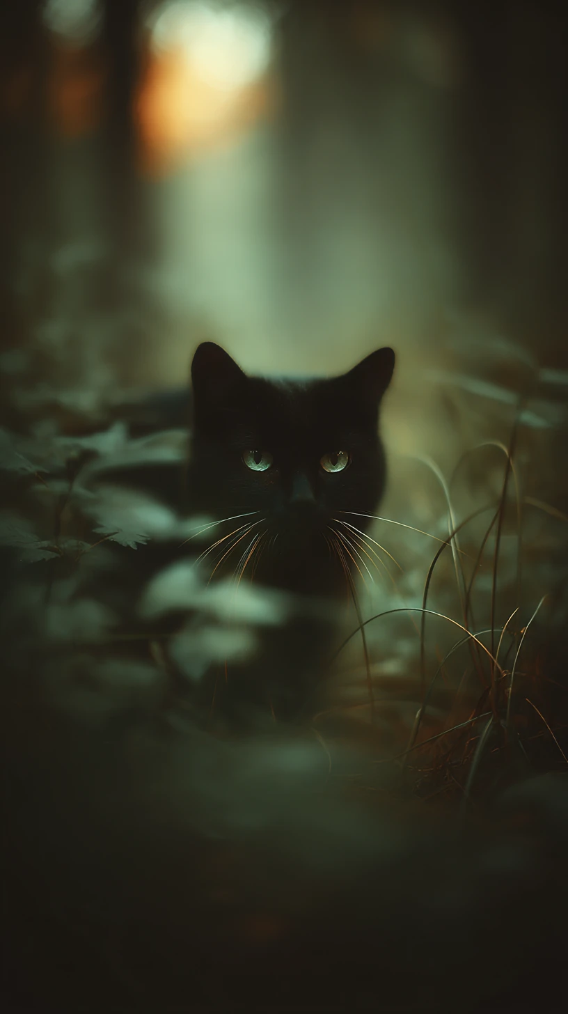 Chat noir aux yeux émeraude caché dans les ombres de la forêt