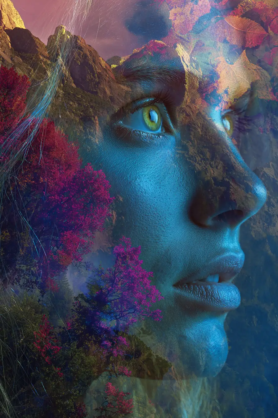 Double exposure painting of rose gold mountains and waterfalls