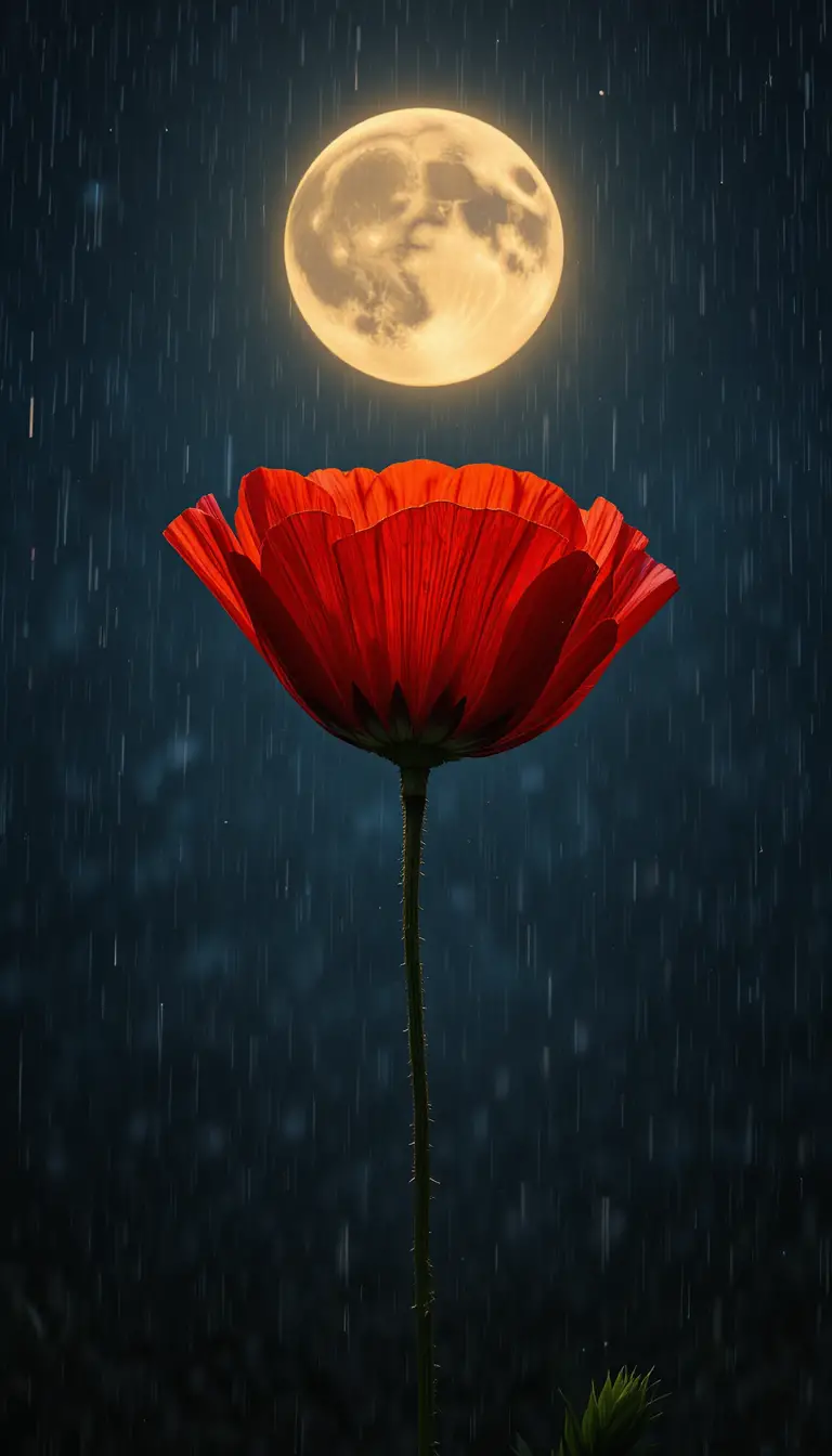 Roter Mohn, der unter einem regnerischen Mondnacht-Himmel leuchtet