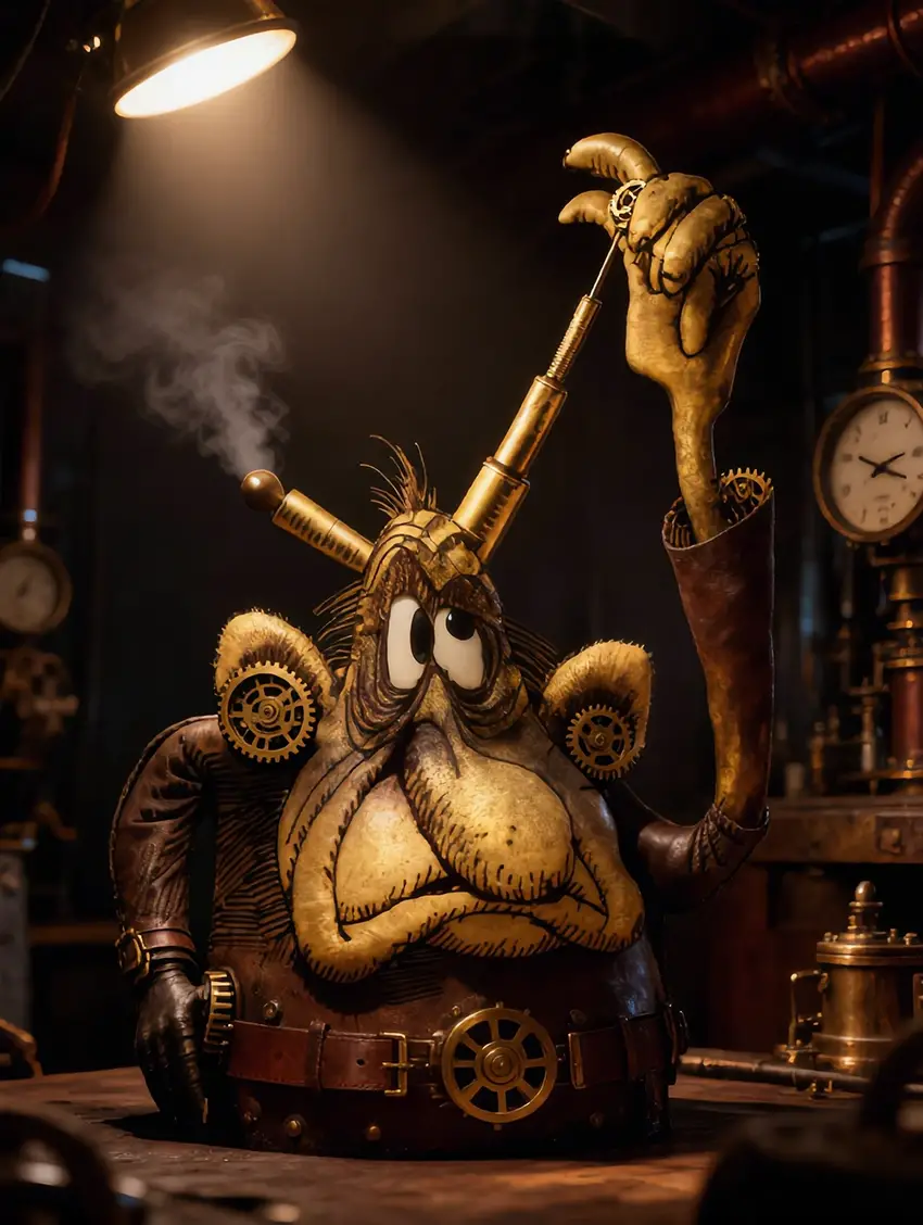 Verspielte Steampunk-Kreatur mit langer Nase und einziehbaren Hörnern