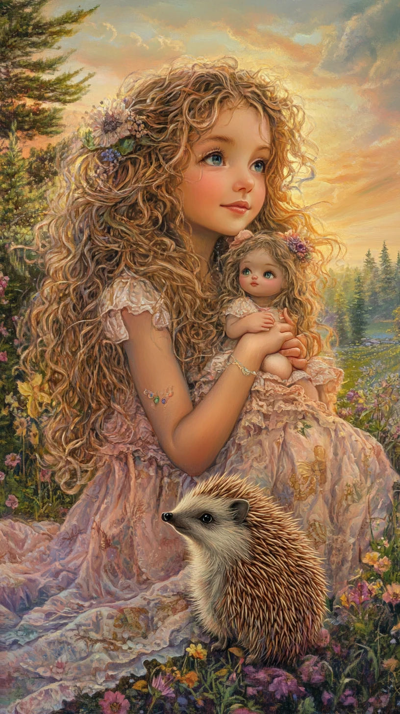 Fröhliches Mädchen mit Puppe in einem verträumten Sommerwald