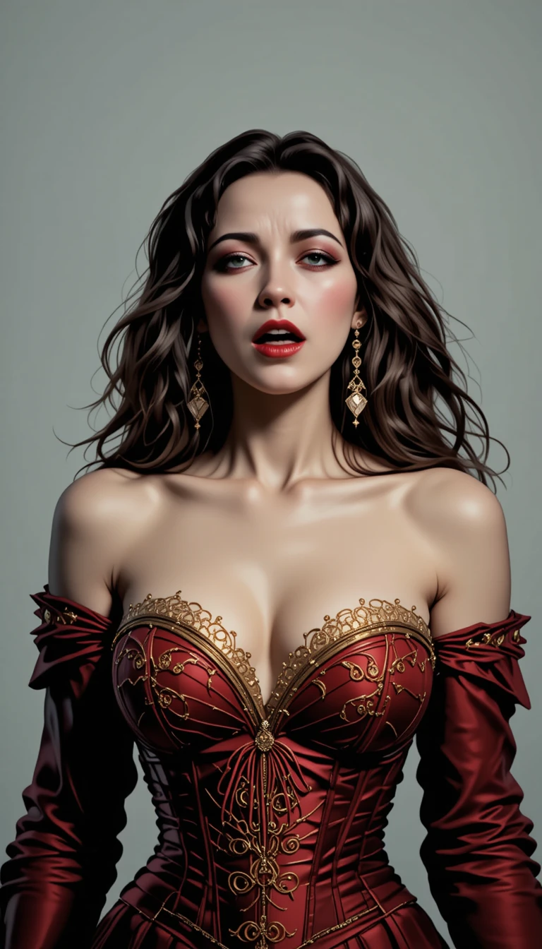 Mulher vampira com lábios carmesins em espartilho escarlate – retrato