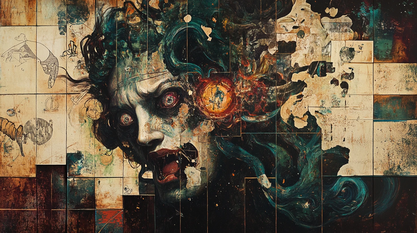 Créature surréaliste formée de visages et de symboles fragmentés