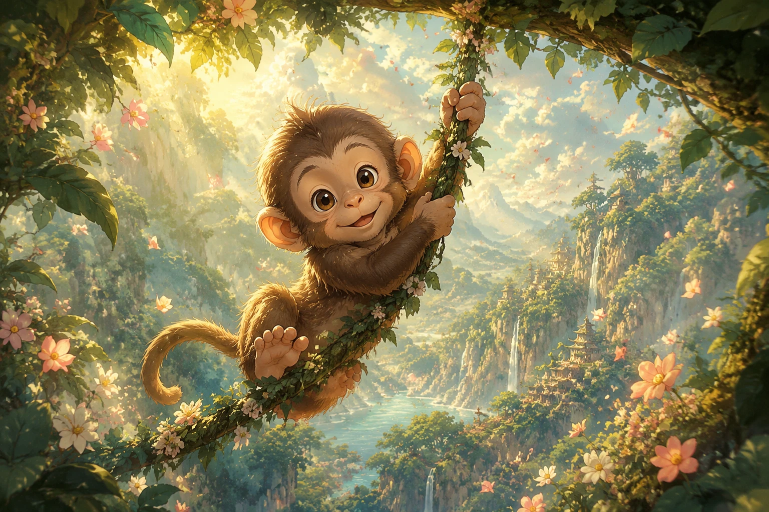 Filhote de macaco balançando em um cipó em uma cena de selva suave