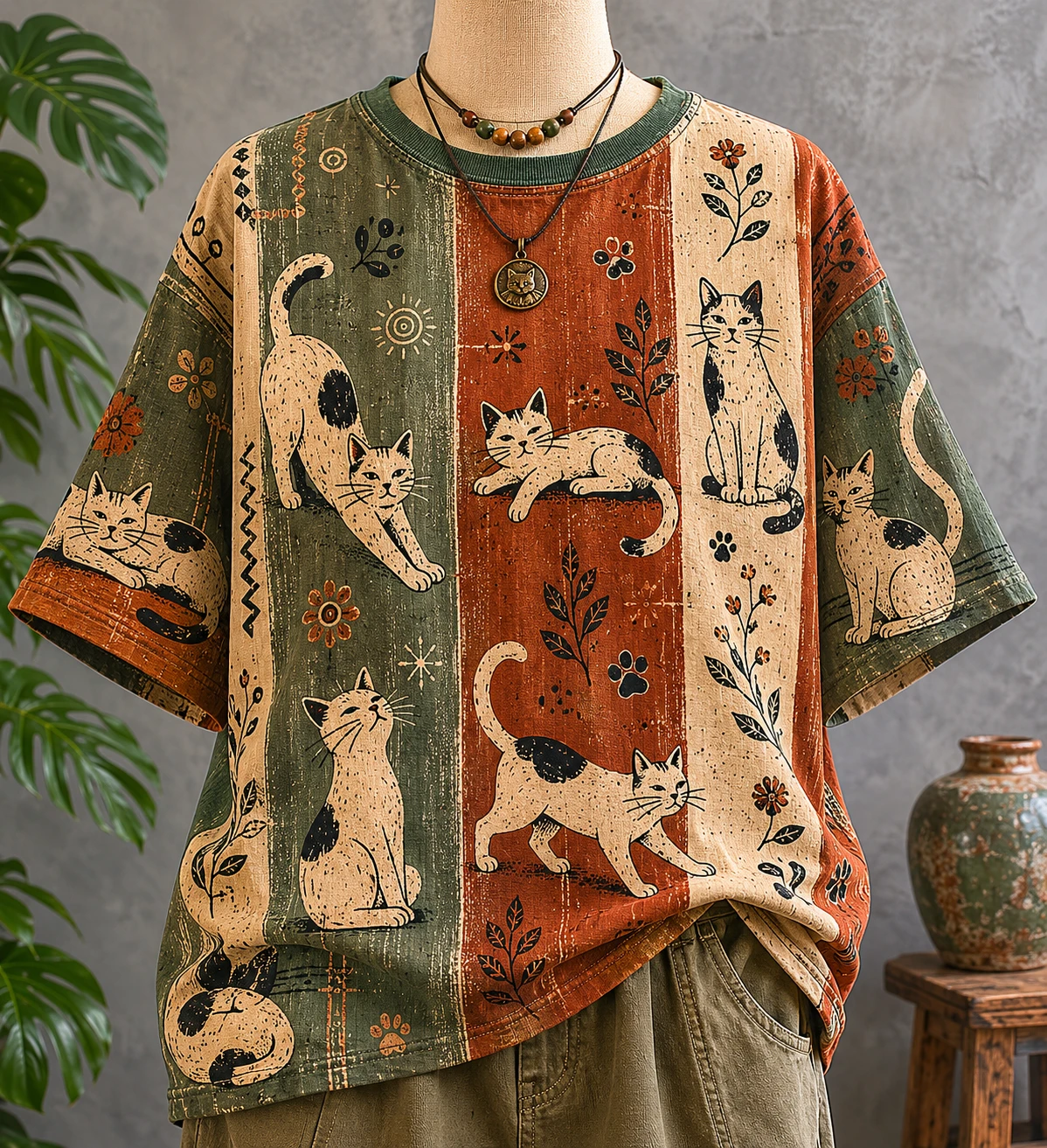 スタジオマネキンに着せたヴィンテージストライプ猫プリントTシャツ