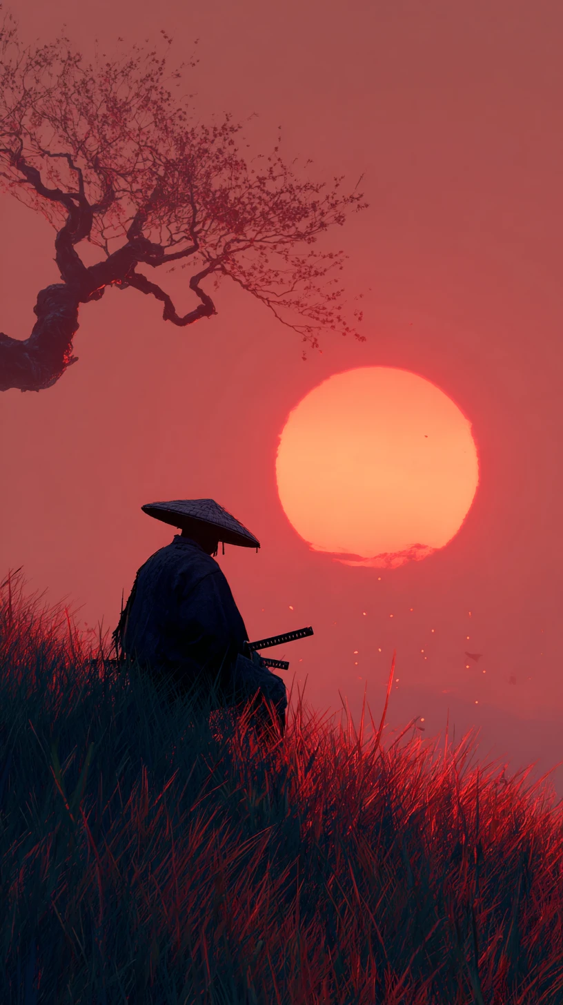 Samurai em Silhueta em uma Colina ao Pôr do Sol Incandescente