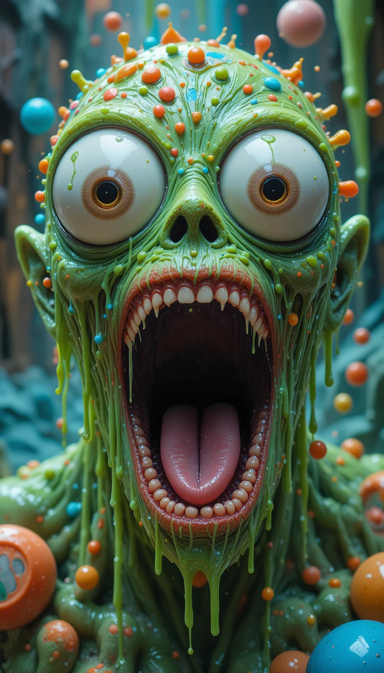 Monstro de gosma verde em arte digital surreal e gotejante