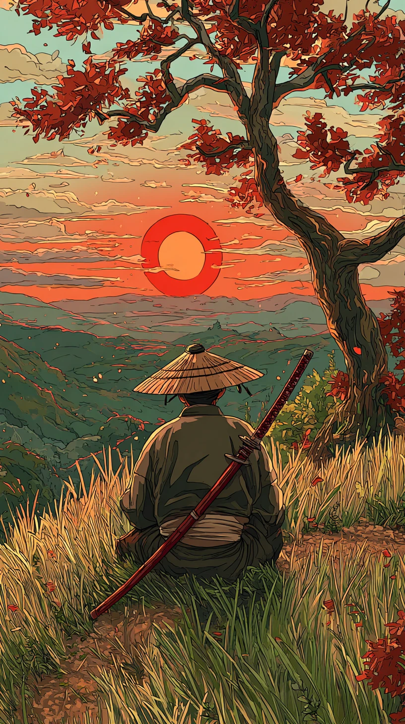 Samurai solitário em silhueta em uma colina ao pôr do sol