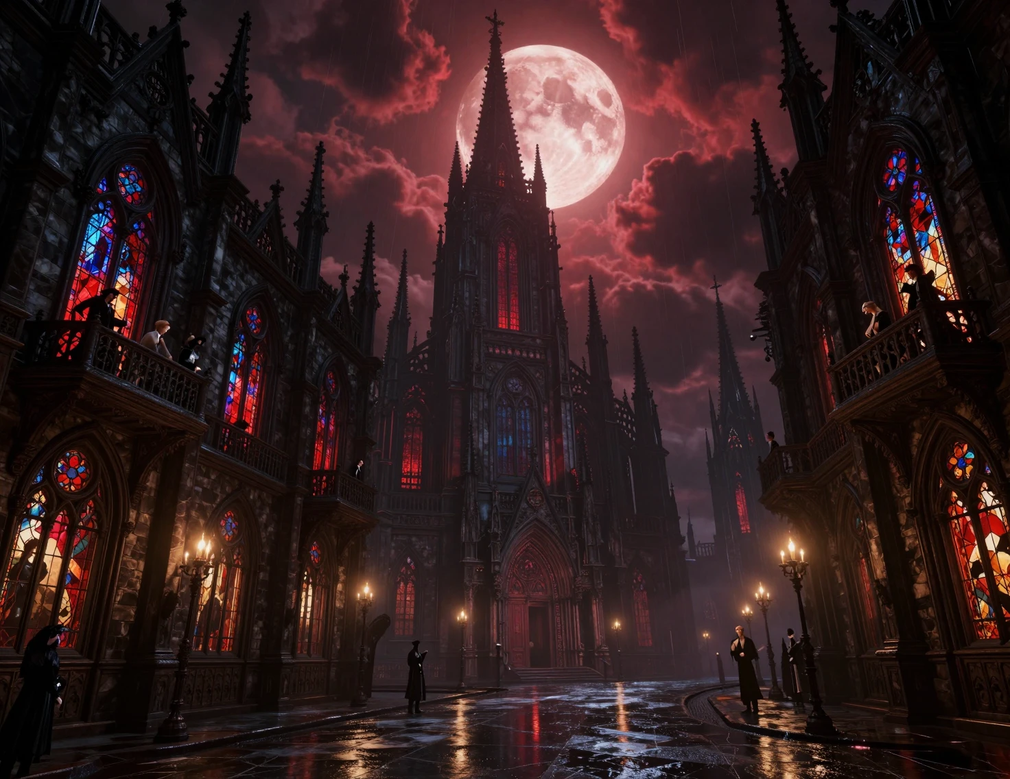 Vasta ciudad gótica de vampiros bajo una luna carmesí