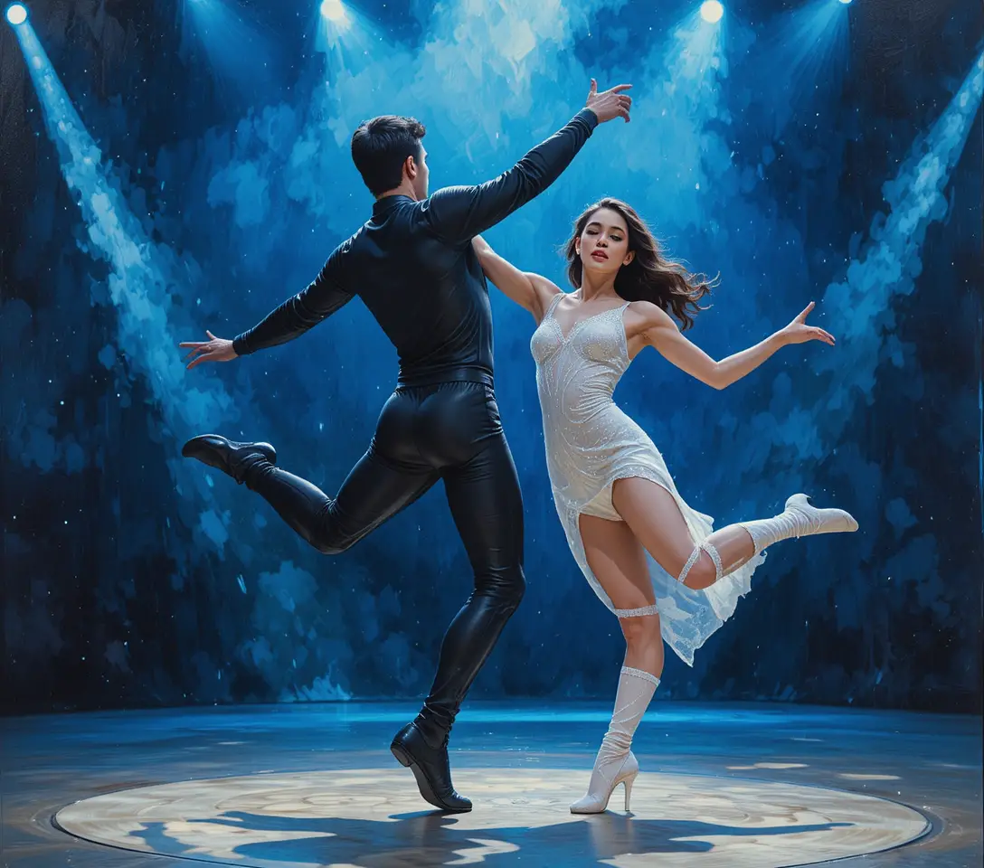 Dynamic dance duo performing on illuminated concert stage