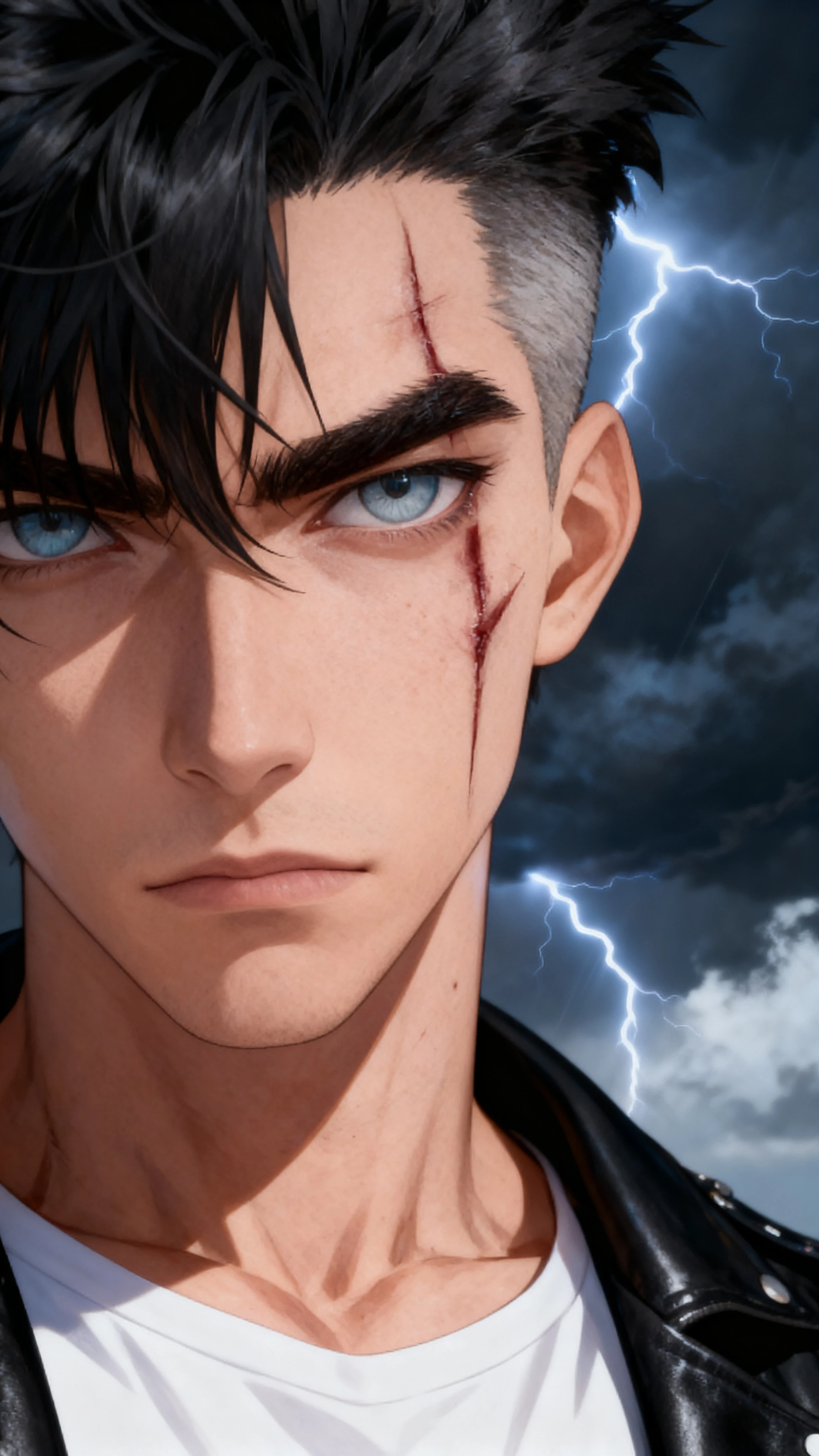 Homem intenso e com cicatrizes em pé ao ar livre em estilo manhwa