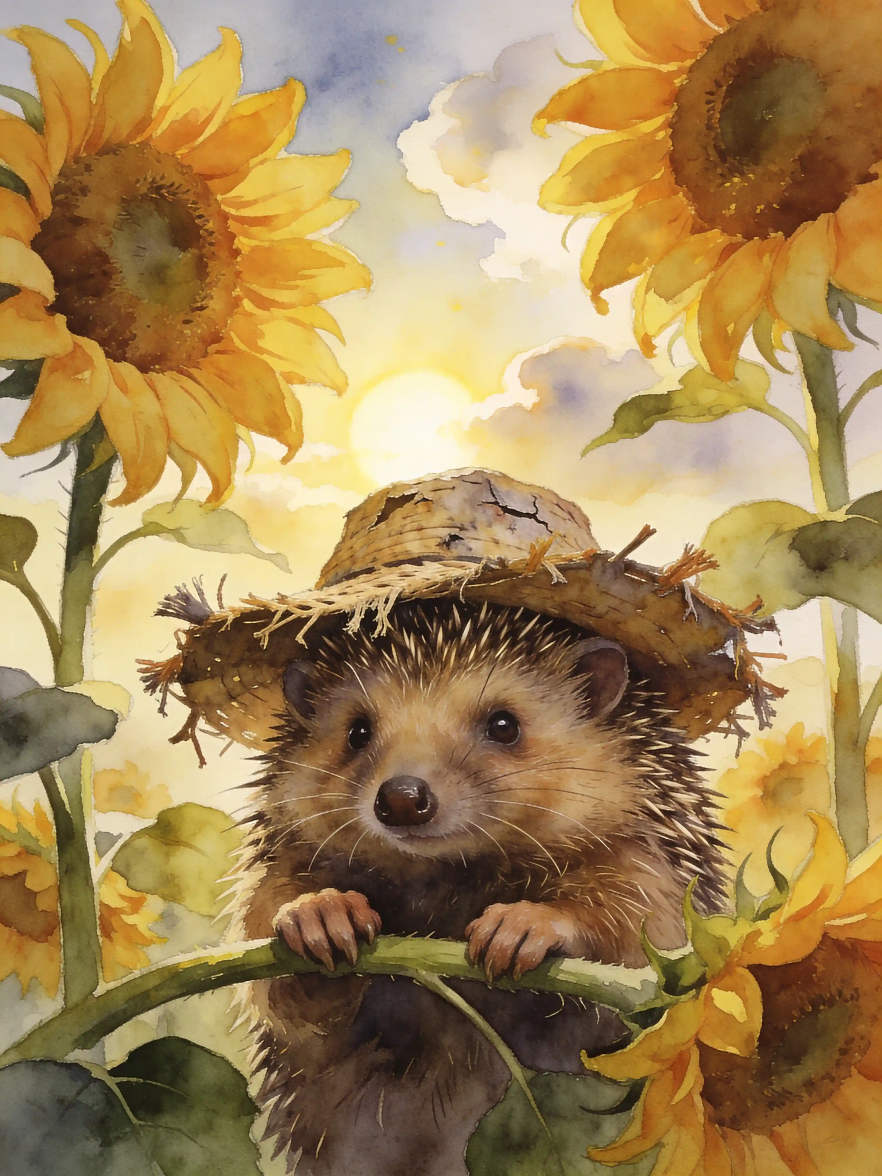 Riccio antropomorfo tra girasoli in una giornata di sole