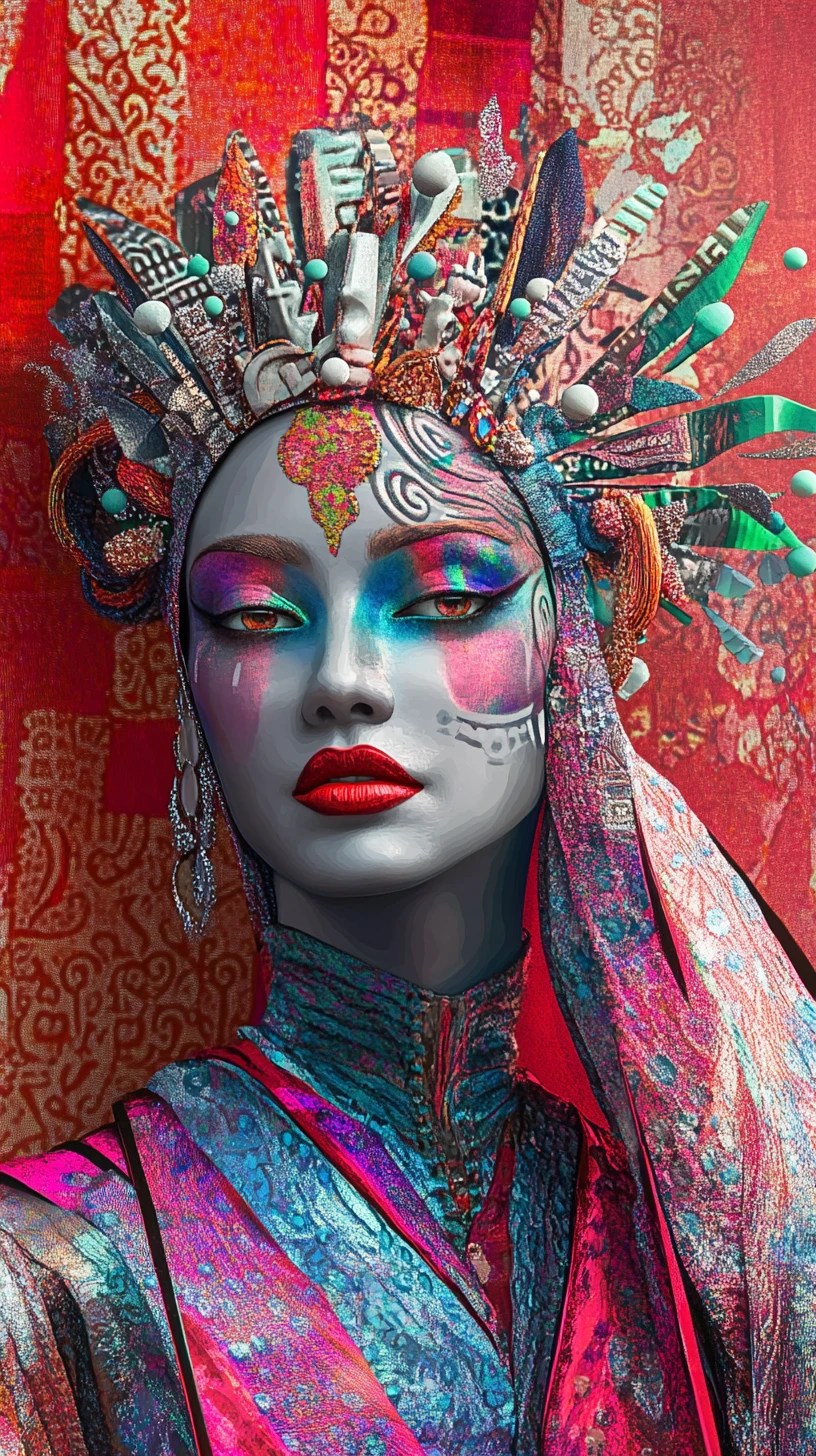 Psychedelic Couture Portrait With Ornamental Crimson Sapphire Wall