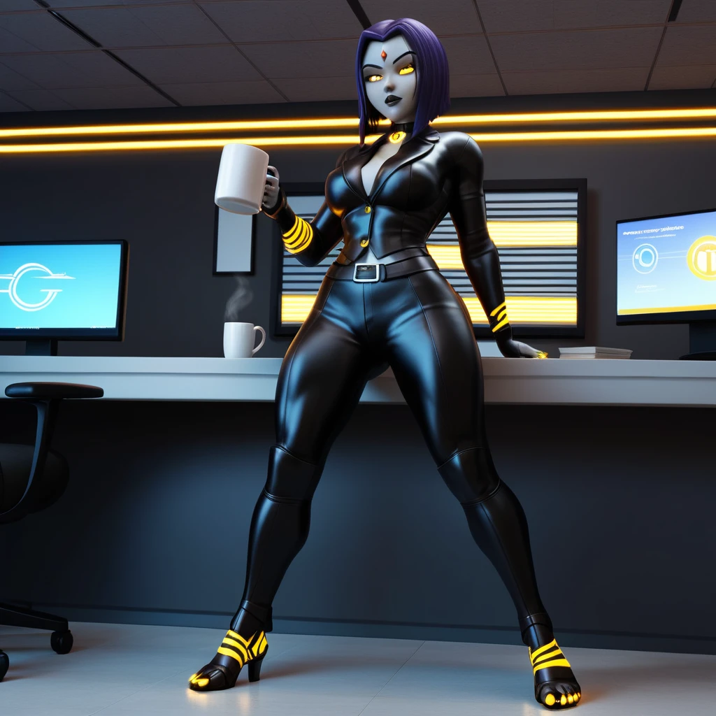Futuristische Anime-Frau im gepanzerten Anzug trinkt Bürokaffee