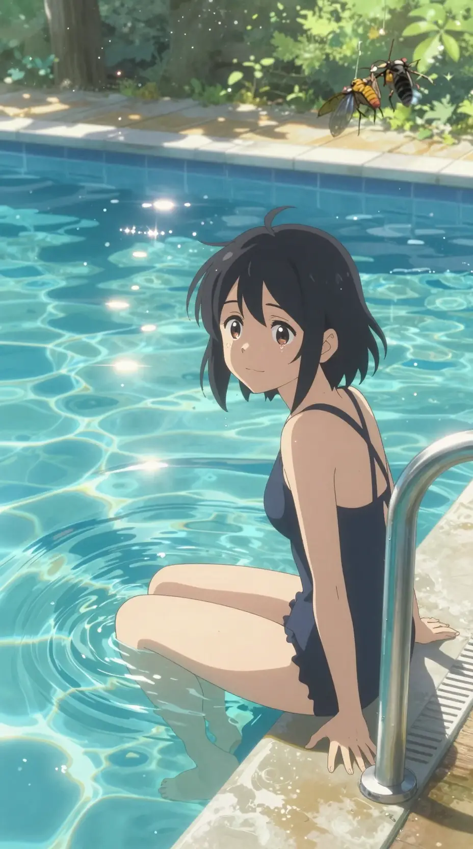 Garota de anime na piscina da escola sob o sol intenso de verão