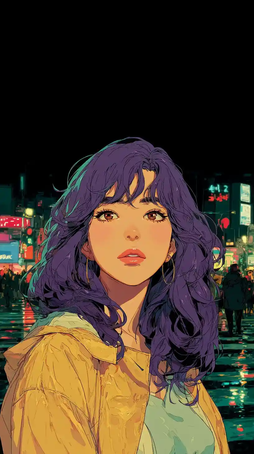 Anime woman in pastel raincoat at neon city crosswalk