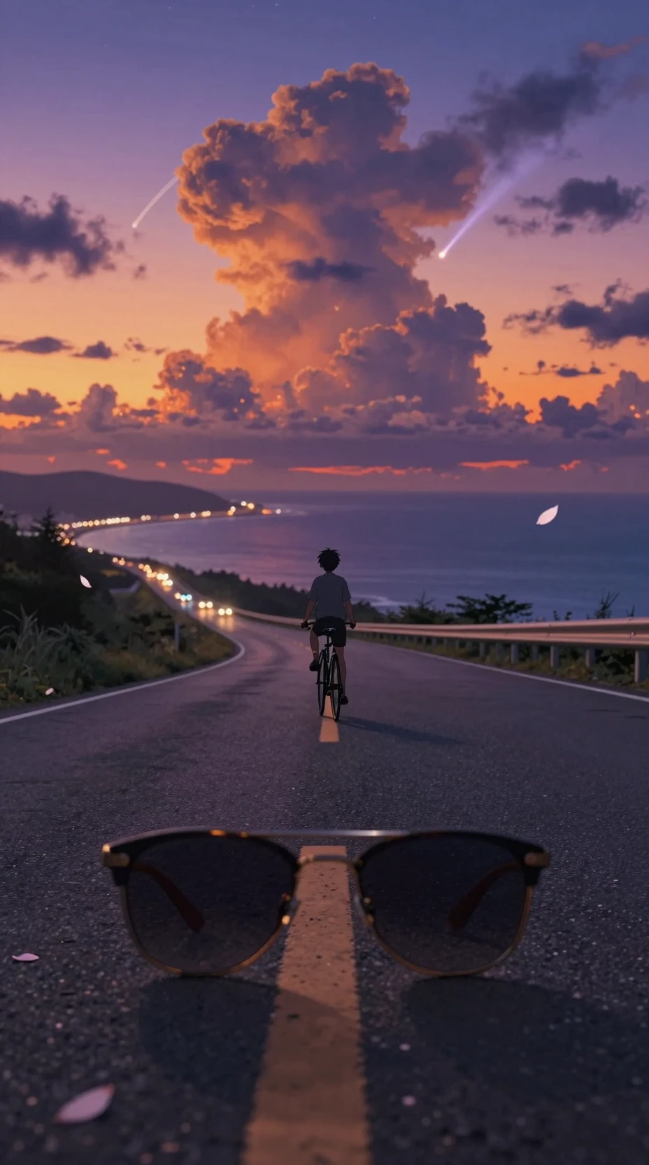 Anime boy on twilight coastal road seen through sunglasses