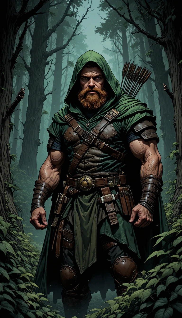 Archer barbu en cape verte dans une forêt brumeuse