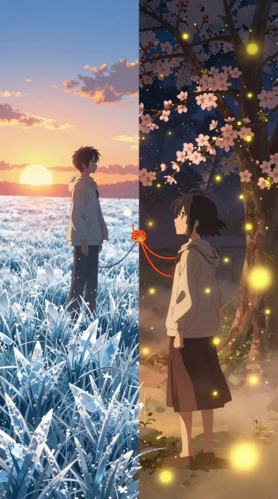 Filmisches Anime-Split-Szenenbild mit Feuer- und Eislandschaften