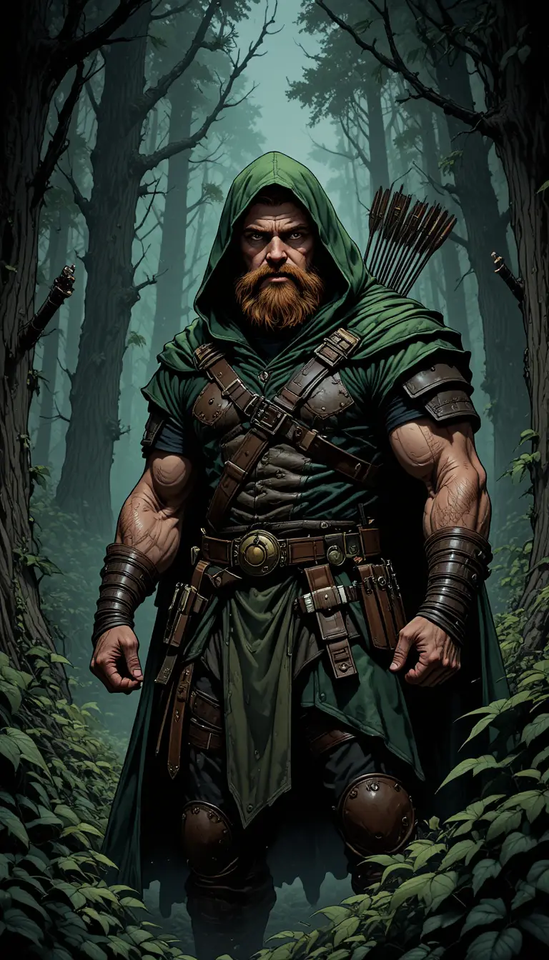 Archer barbu en cape verte dans une forêt brumeuse