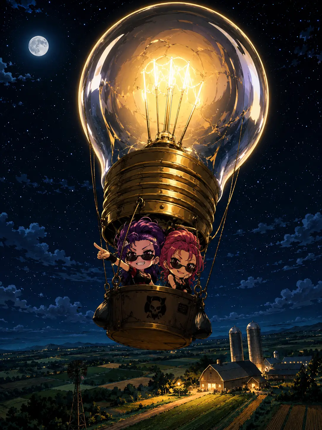 Giant Light Bulb Balloon Above Sleeping Rural Farmland