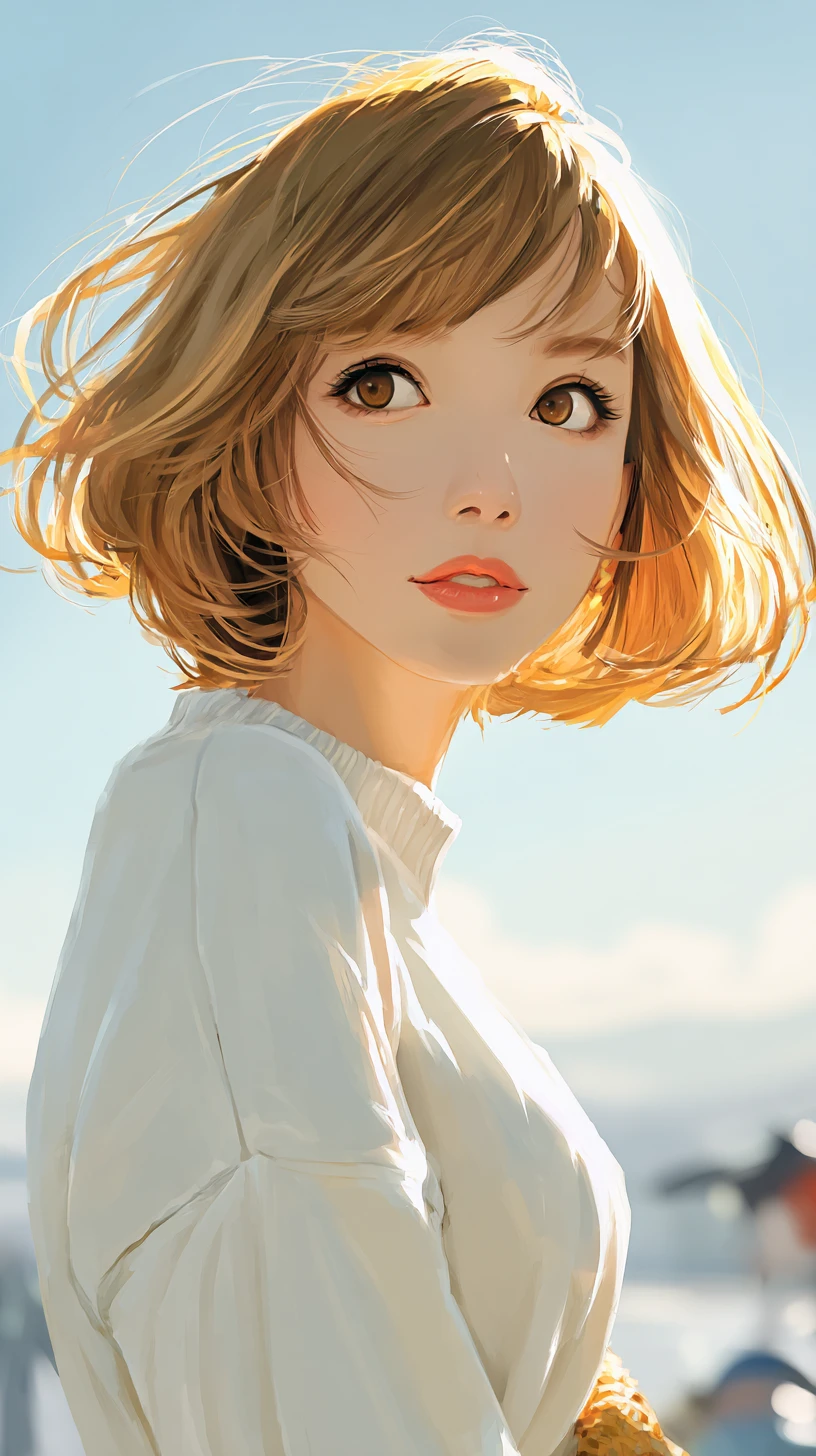 Fille d'anime debout en plein air sous un ciel dégagé du matin